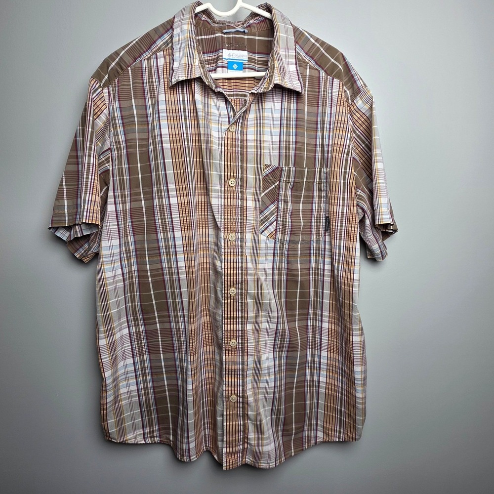 Columbia Button Down‎ Mens XL Brown Plaid Omni-Wick Short Sleeve Shirt